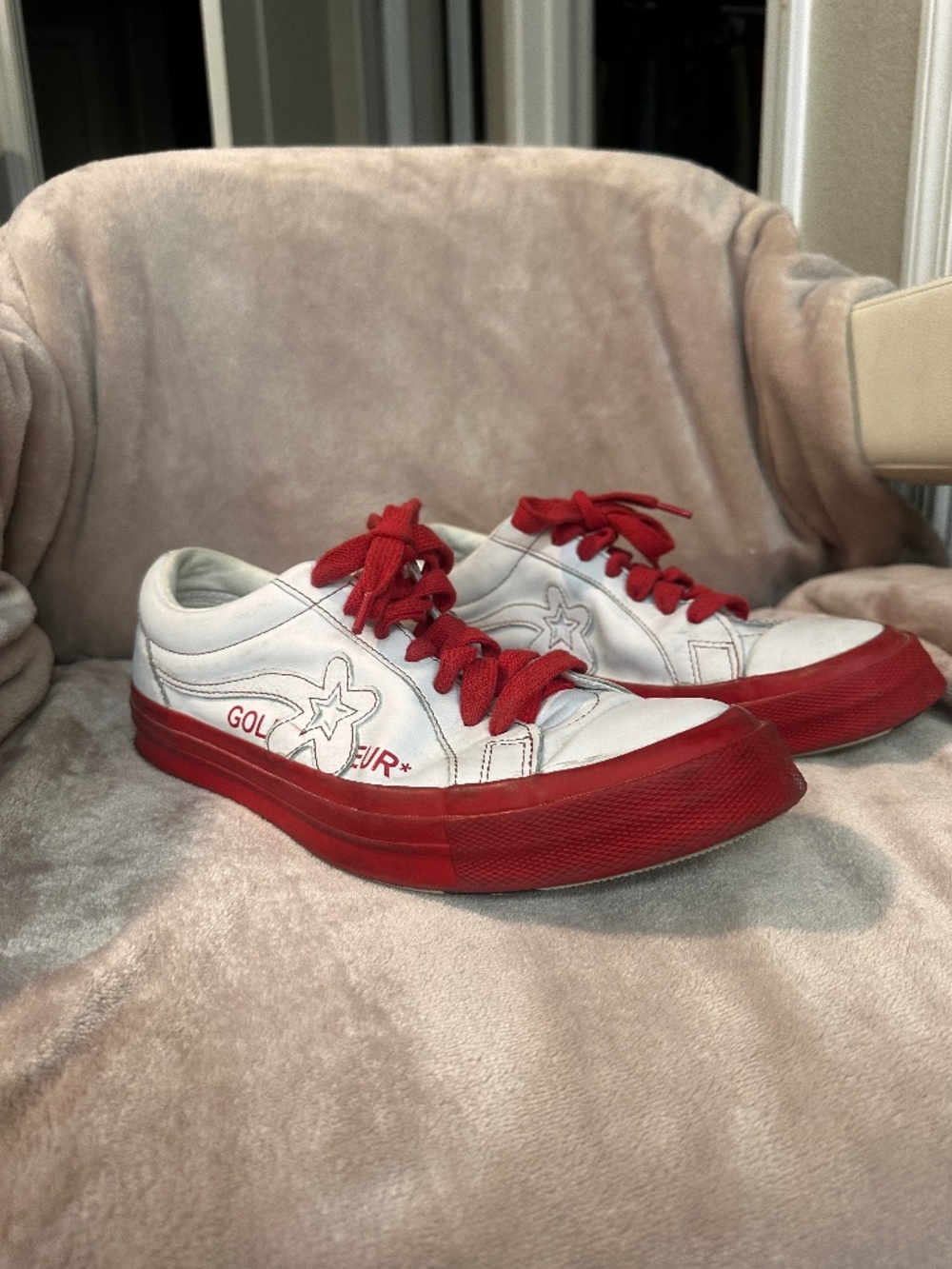 Golf Le Fleur white and red sneakers with iconic print on bottom